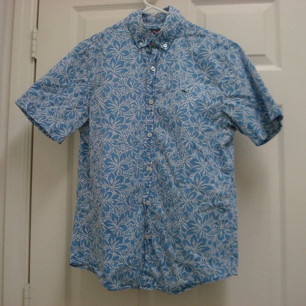 Vineyard Vines Slim Fit Whale Shirt Blue White Floral Short Sleeve Size Small